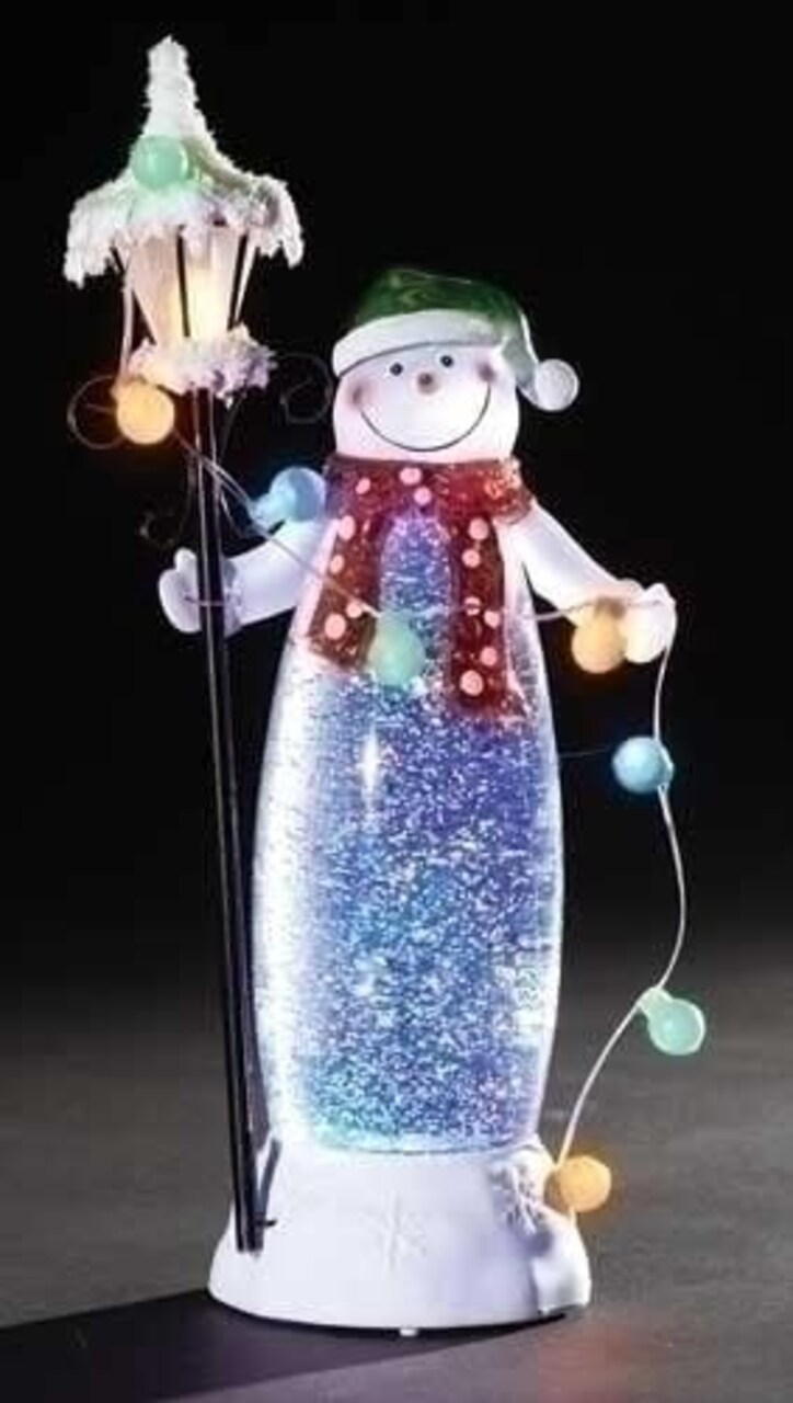 LED Standing Snowman with a Lamp and String of Ornaments That Light Up and Swirls in The Lighted Interior of The Snowman, 11.5-Inch